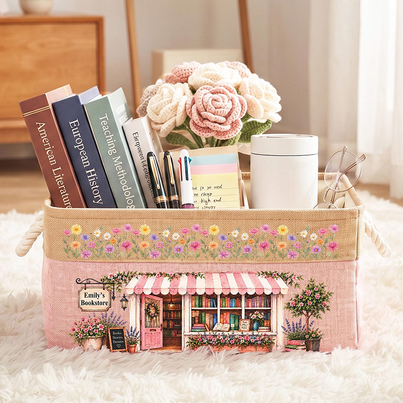 Personalized Birth Flower Book Basket With Name Floral Canvas Storage Bin Book Lover Decor Personalized Organizing Basket Gift For Librarian