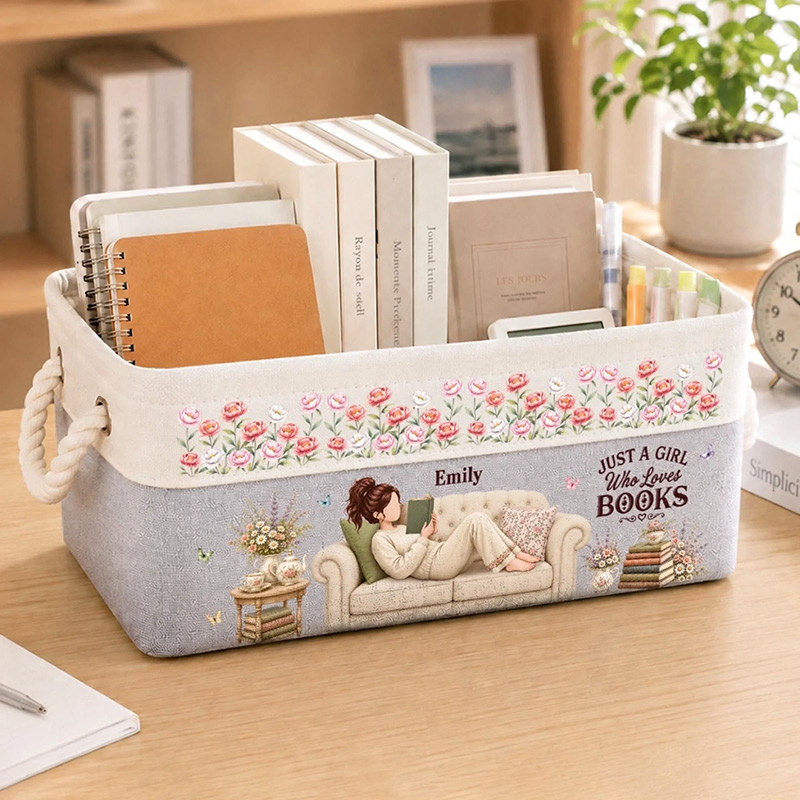 Personalized Book Storage Basket with Birth Flower Custom Name Organizing Basket Floral Canvas Storage Bin Gift For Book Lovers Librarian