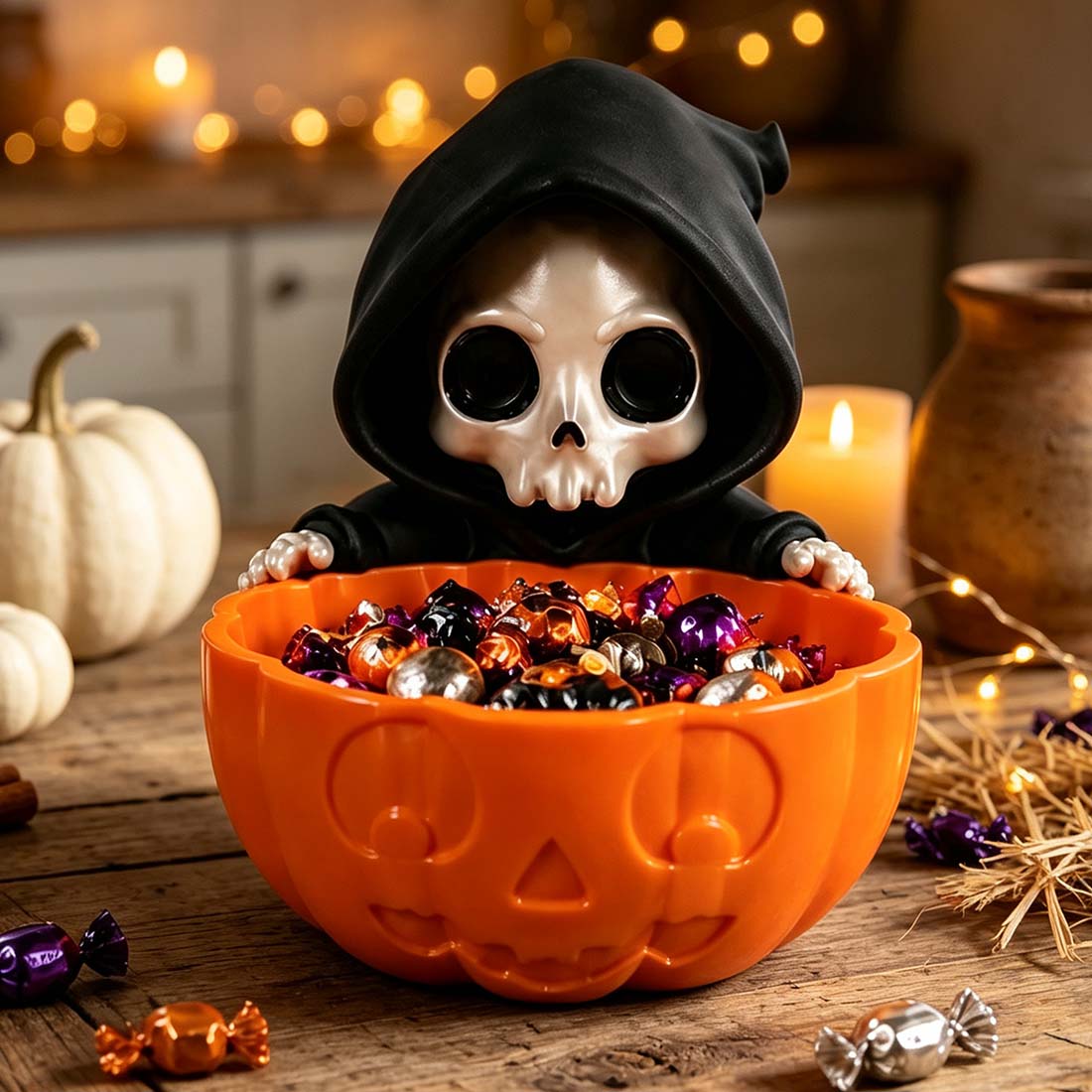 This adorable hooded grim reaper clings to the edge of a carved pumpkin bowl, ready to protect your goodies with the cutest death stare ever. Use it as a candy dish, succulent planter, jewelry tray, or catch-all for keys and coins — one piece, endless spo