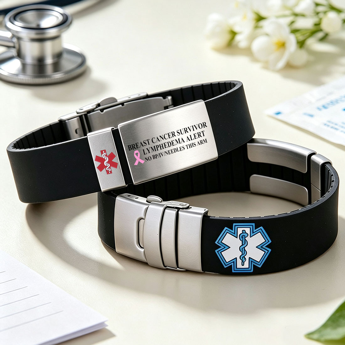 Personalized Pink Ribbon Bow Lymphedema Medical Alert Bracelet Silicone Wristband & Stainless Steel ID Tag Gift for Breast Cancer Woman