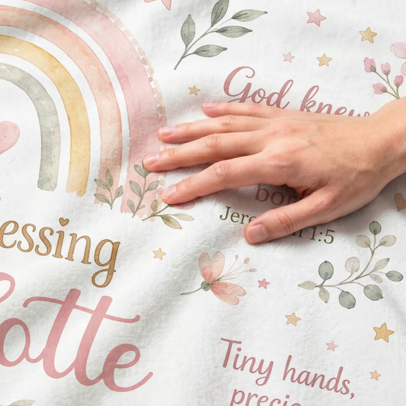 Personalized Flower Lamb Christian Blessing Quotes Soft Warm Throw Blanket with Name Room Decor Baby Shower Baptism Gift for Kid Newborn