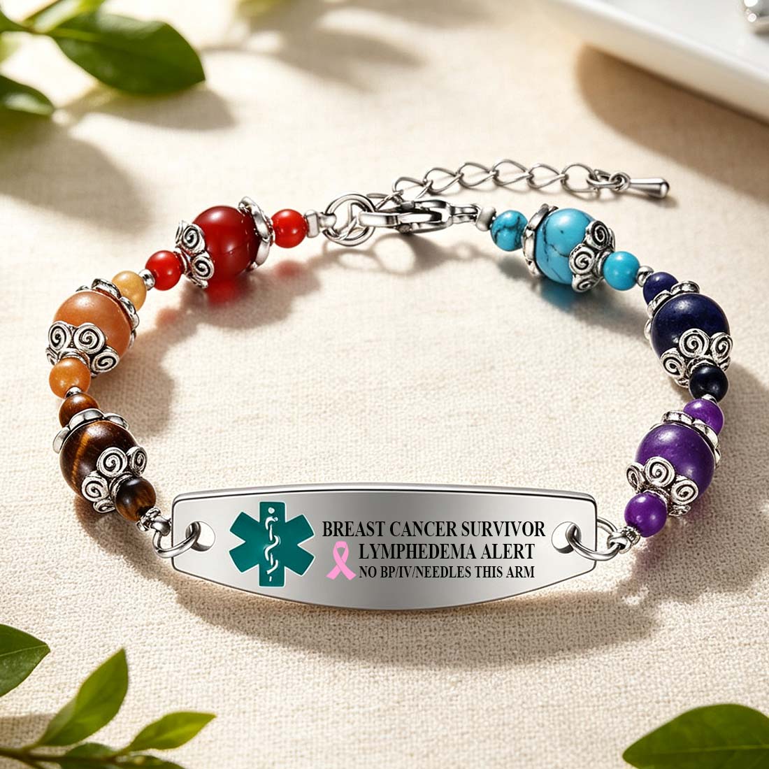 Personalized Colored Chalcedony Medical Emergency Alert ID Beaded Bracelet with Engraved Text and Title Emergency Jewelry Care Gift for Breast Cancer Woman