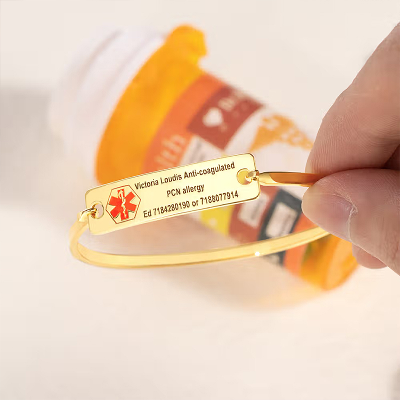 Personalized Engraved Star of Life Medical Symbol Emergency Alert ID Bangle Bracelet with Text Gift for Family Friend with Diabetic Allergy Autism