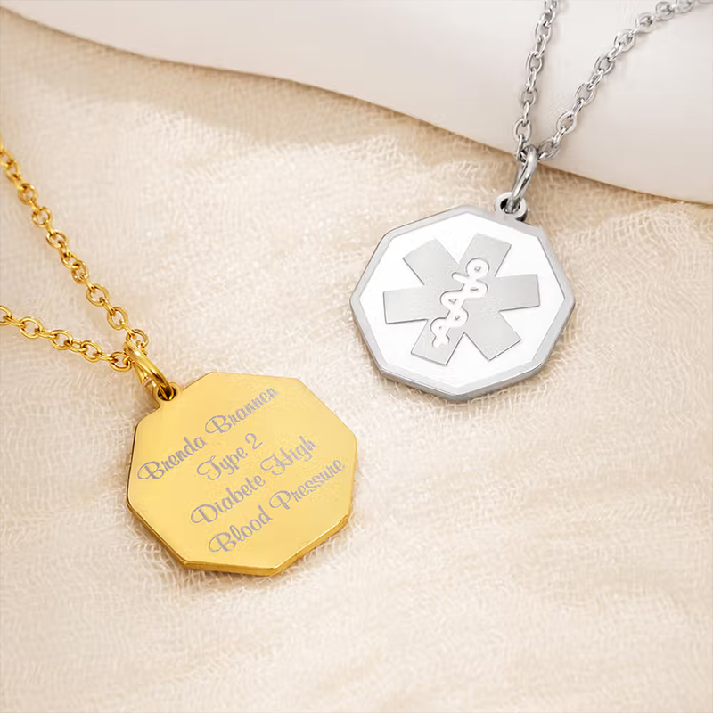 Personalized Engraved Medical Emergency Alert ID Octagon Necklace with Text and Star of Life Gift for Diabetic Allergy Autism Women Men Family Gift