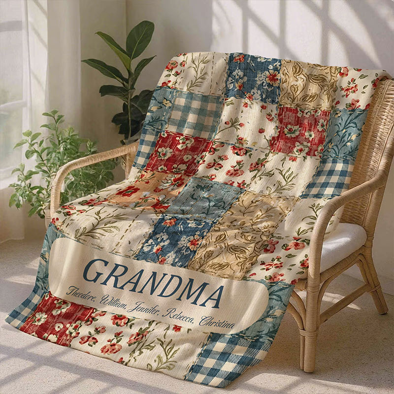 Personalized Vintage Flower Checkered Patchwork Tassel Soft Throw Blanket with Names and Title Mother's Day Birthday Gift for Grandma Mom