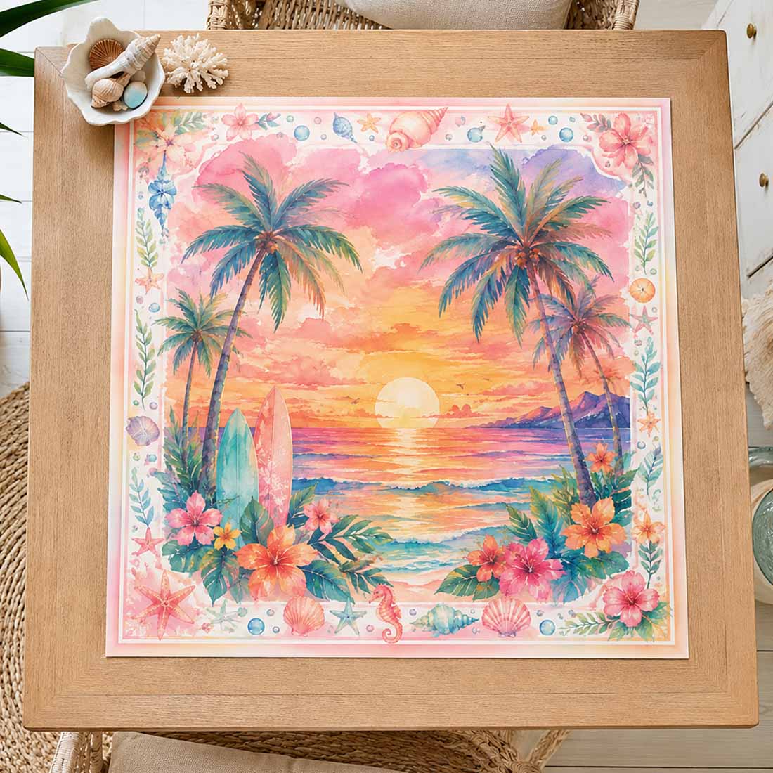 Tropical Sunset Mahjong Mat Watercolor Beach & Palm Tree Design Square Game Table Pad for Mahjong Cards & Board Games