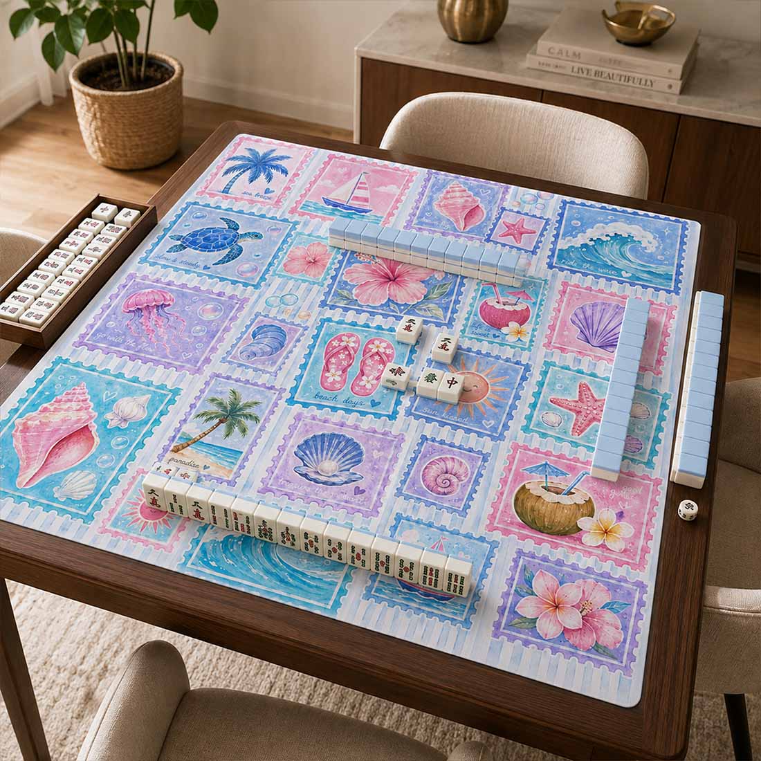 Beach Postage Stamp Mahjong Mat Watercolor Ocean Postcard Collage Design Coastal Game Table Pad for Mahjong Cards & Board Games