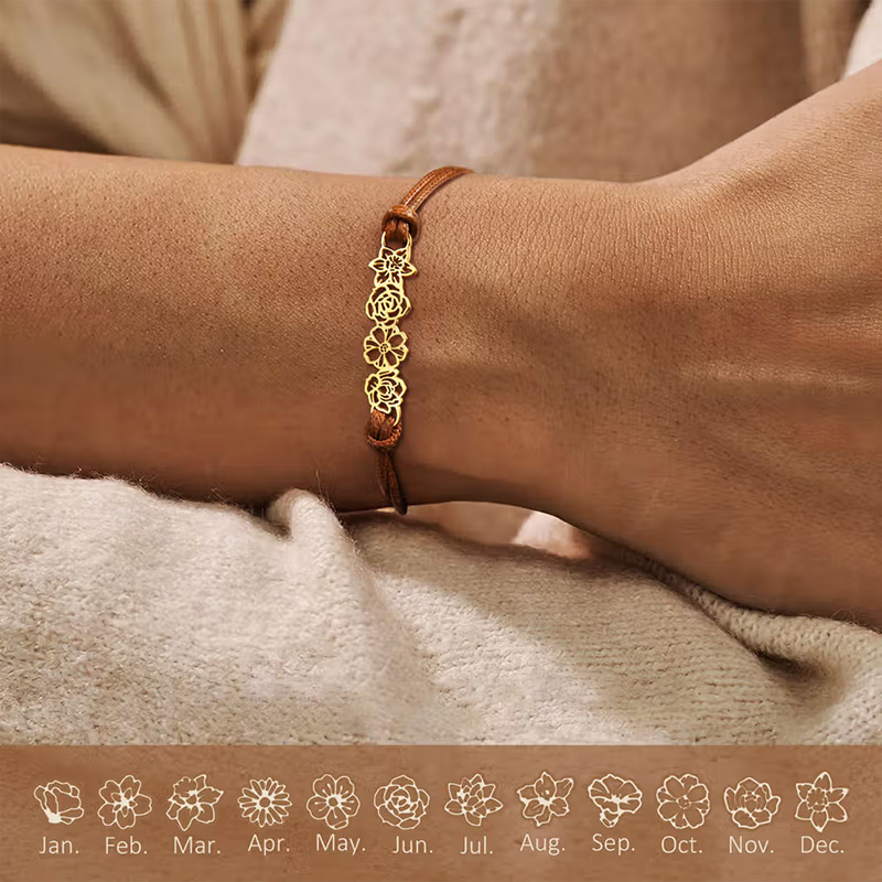 Personalized Minimalist Adjustable 1-8 Birth Flower Waxed Line Bracelet Charm Jewelry Birthday Mother's Day Christmas Gift for Family Mom Grandma Gift
