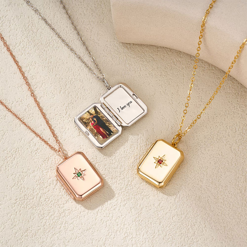 Personalized Birthstone Photo Necklace with Text Anniversary Birthday Gift for Mom Dad Family