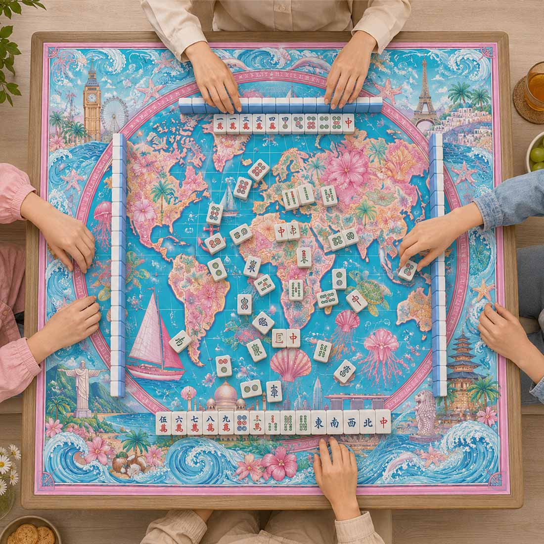 Around the World Mahjong Mat Watercolor Globe & Landmark Design with Floral Map Luxury Square Game Table Pad for Mahjong & Cards