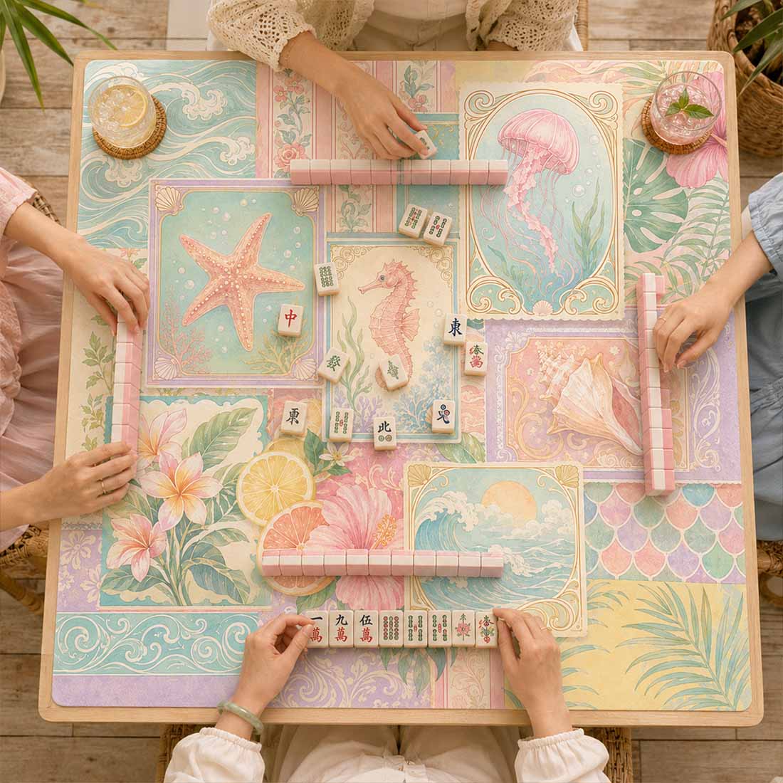 Coastal Gallery Mahjong Mat Vintage Frame Ocean Collage in Pastel Watercolor