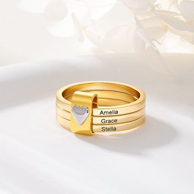 Personalized Sterling Silver Name Stacking Rings Custom Engraved 2-5 Bands with Heart Accent, Daily Wear Jewelry for Mom Grandma
