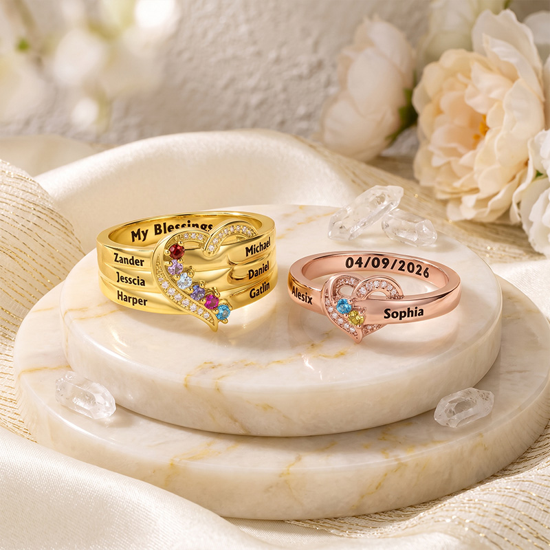 Personalized 1-8 Birthstones Heart Design Ring with Engraved Names Custom Family Jewelry Birthday Mother's Day Gift for Mom Grandma