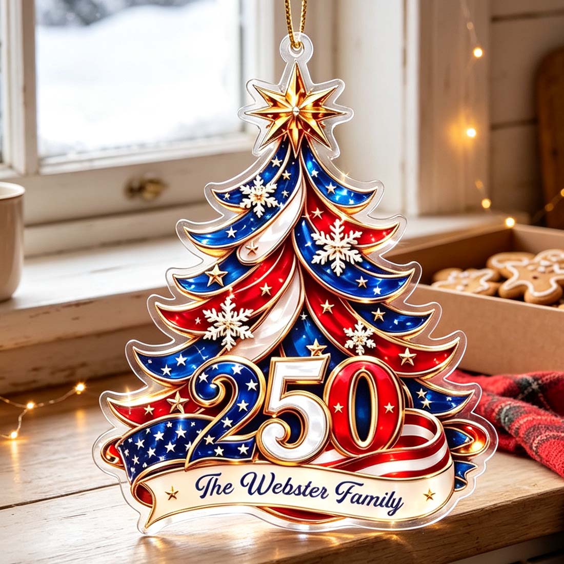 Personalized 250th America Star Snowflake Acrylic Christmas Tree Ornament with Name