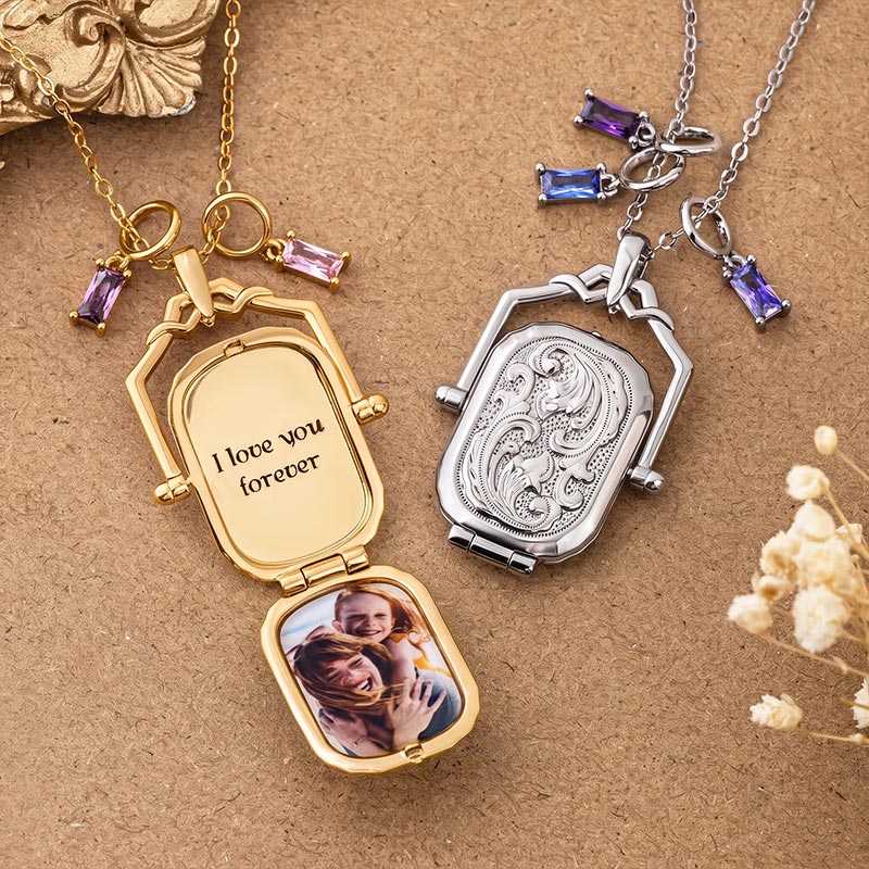 Personalized Antique Victorian Locket Birthstone Necklace with Photo and Text Dainty Jewelry Memorial Birthday Gift for Mom Grandma