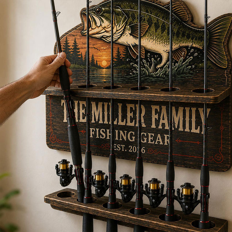 Personalized Bass Fishing Rod Holder Fishing Pole Rack Custom Fishing Gear Organizer Fisherman Gift for Dad Garage Cabin Wall Storage