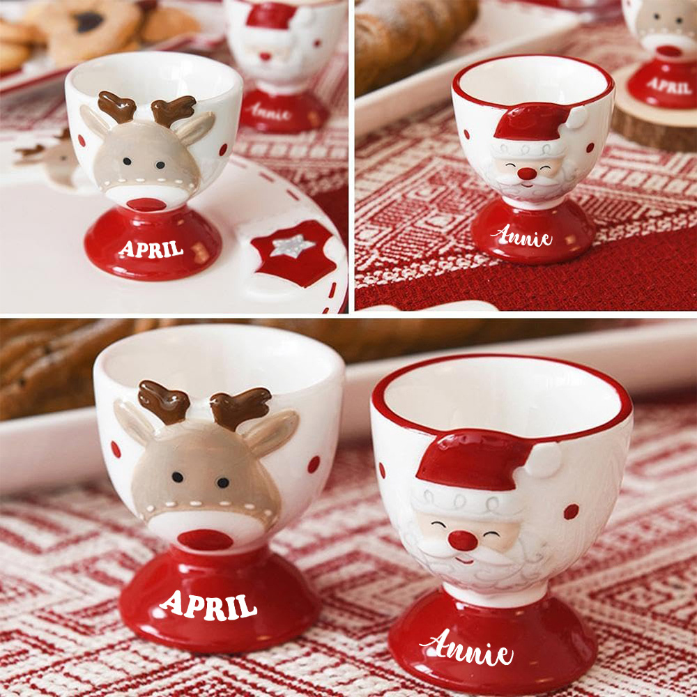 Personalized Christmas Egg Holder Wood Decor Custom Name Santa And Reindeer Breakfast Table Ornament Gift For Kids
