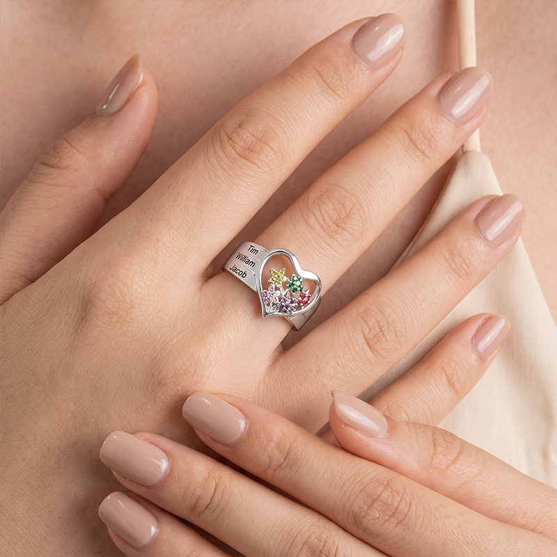 Personalized Grandma's Garden Birthstone Flower Family Ring with Engraved Names Birthday Mother's Day Gift for Grandma Mom