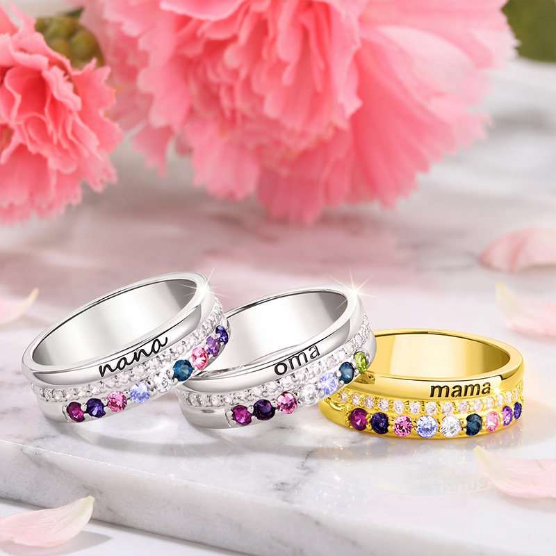 Personalized Family Zircon Ring with 1-10 Birthstones and Engraved Text Women Jewelry Birthday Mother's Day Gift for Mom Grandma