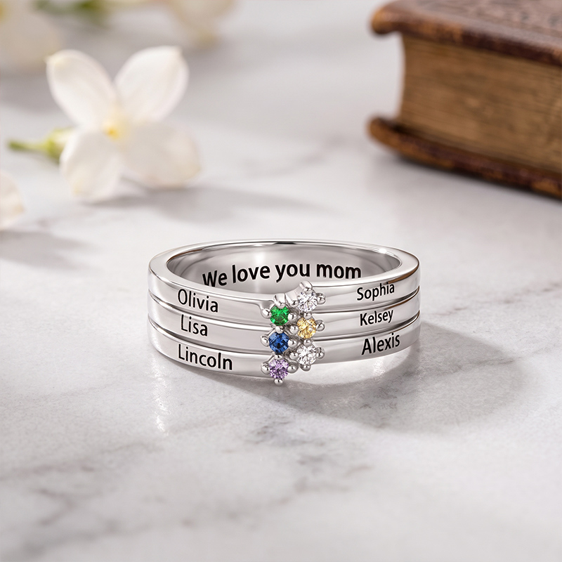 Personalized 1-8 Birthstones Ring with Engraved Name Dainty Women Jewelry Birthday Mother's Day Gift for Mom Grandma