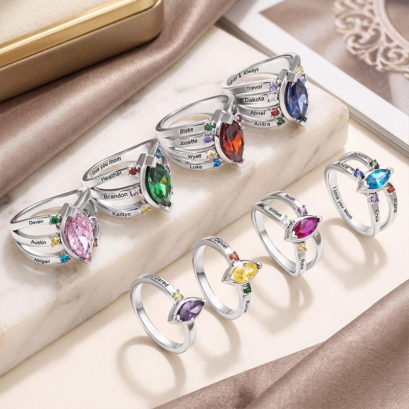 Personalized Dainty Birthstone Ring with Engraved Name Women Jewelry Birthday Mother's Day Gift for Mom Grandma
