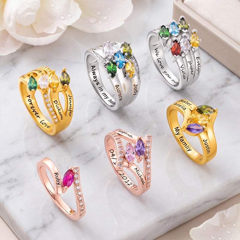 Personalized 1-6 Marquise Family Birthstones Sterling Silver Ring with Engraved Name and Text Birthday Anniversary Gift for Women
