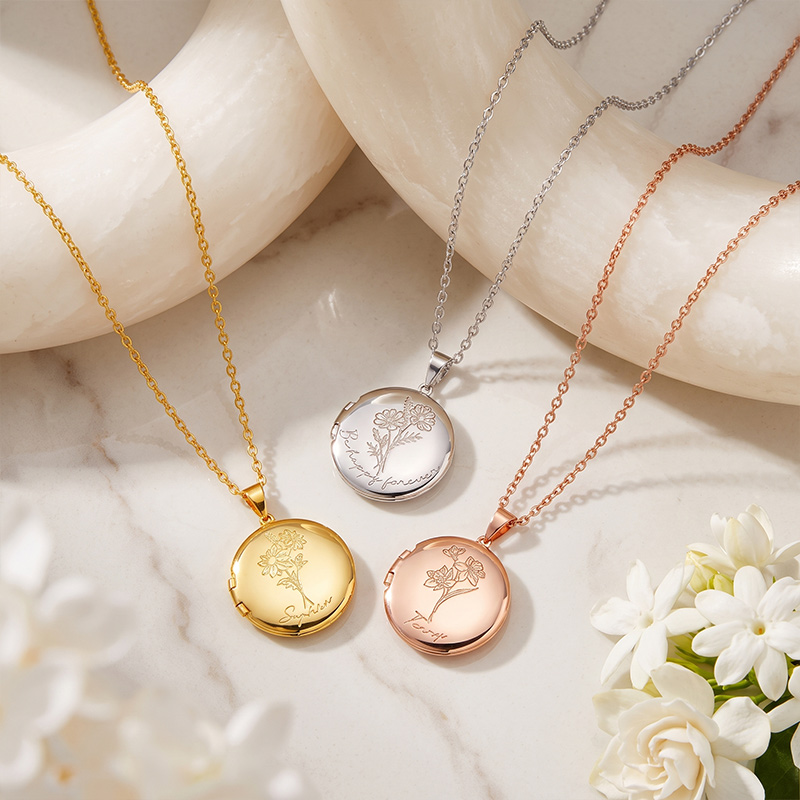 Personalized Birth Flower Photo Locket Necklace with Engraved Name Birthday Anniversary Gift for Women Mom Grandma Gift