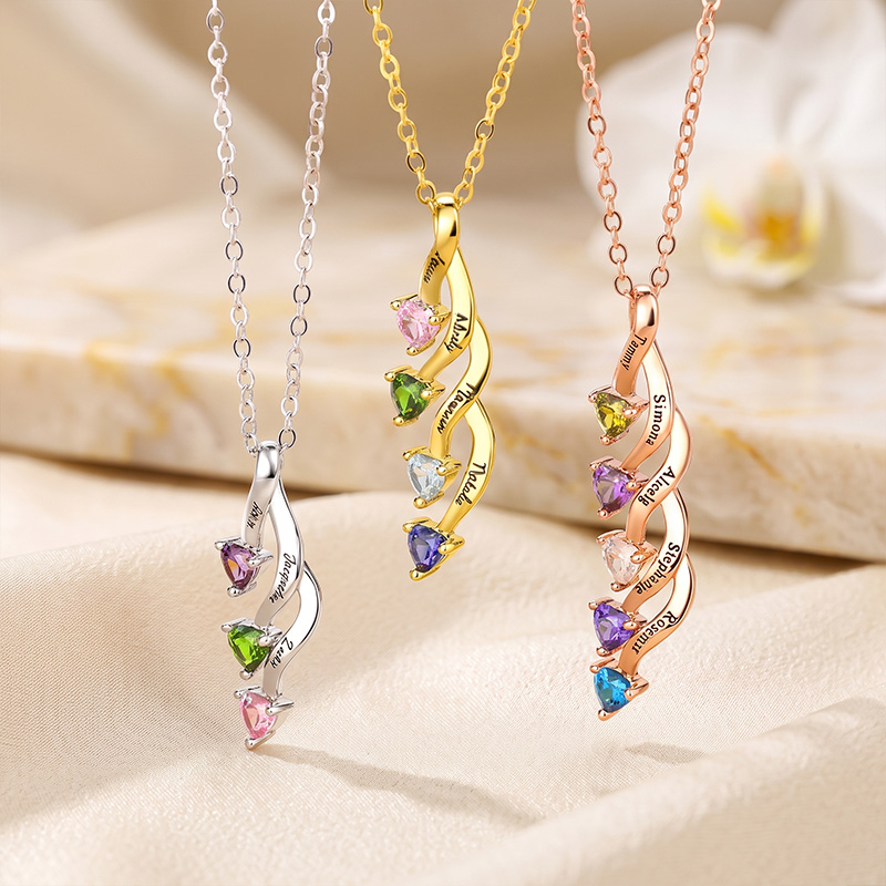 Personalized Minimalist Family 2-8 Heart Shaped Birthstones Necklace with Engraved Names Mother's Day Birthday Gift for Women Mom Grandma