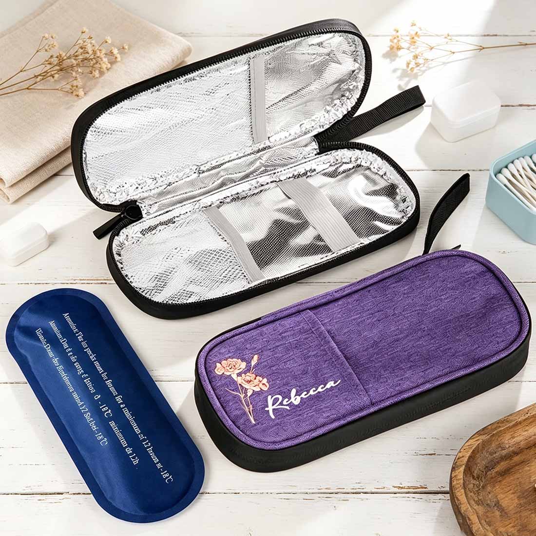 Personalized Birth Flower Insulated Insulin Pen Cooler Travel Case with Name and Ice Pack