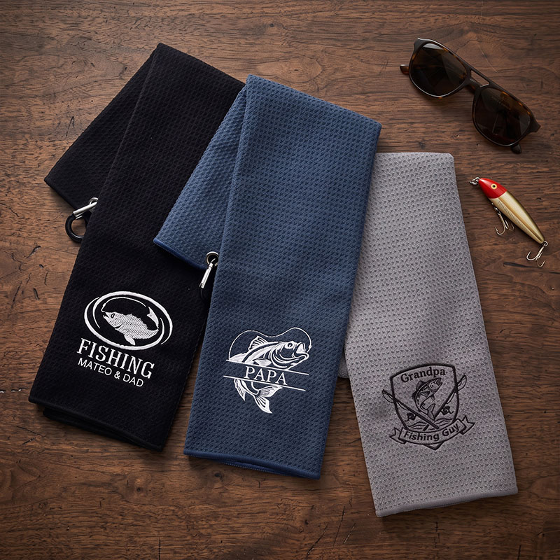 Personalized Dad Fishing Waffle Towel Monogram Embroidery Waffle Towel with Name and Hanging Clip Birthday Gift for Dad Grandpa Fishing Enthusiasts