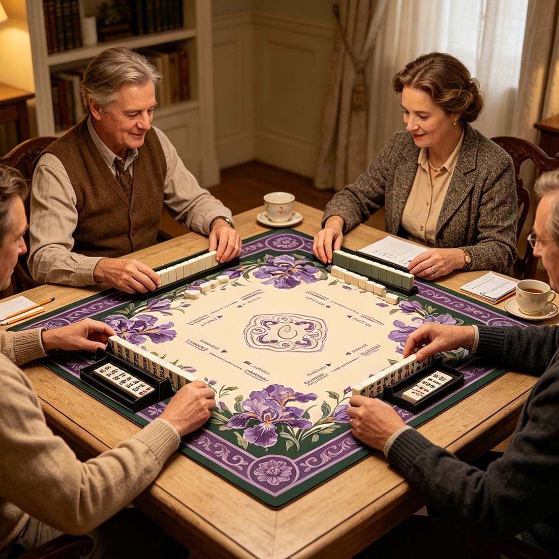 Vintage Purple Iris Mahjong Table Mat Charleston Rules Print