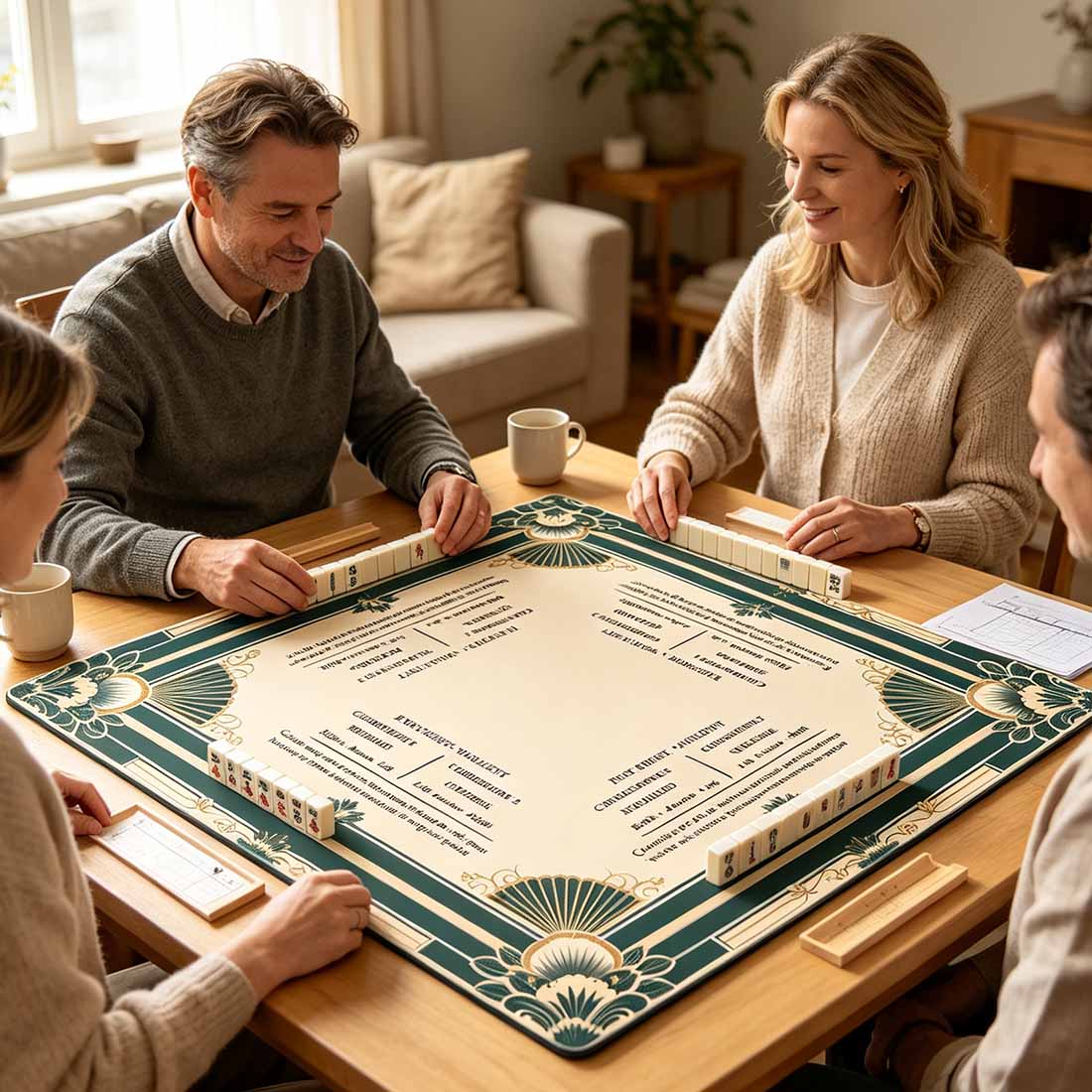 Art Nouveau Fan & Floral Table Topper for Mah Jongg with Charleston Rules Print