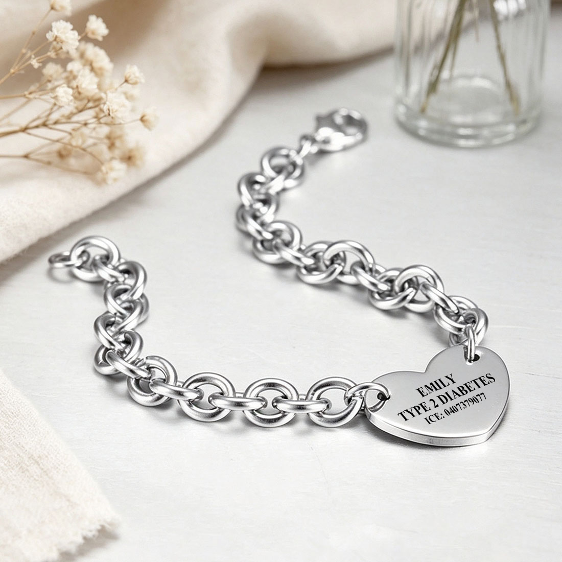Personalized Star of Life Medical Alert ID Emergency Bracelet with Engraved Text Gift for Allergy Cancer Diabetic Women