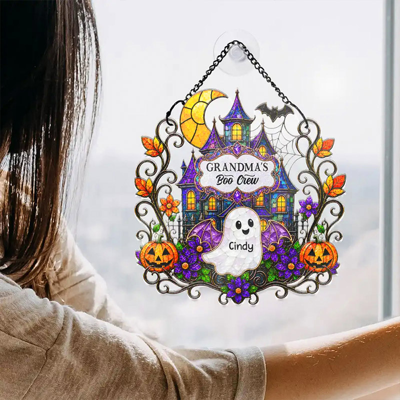 Personalized Halloween Window Hanging Suncatcher Ornament Haunted Family Home Sweet Home Boo Crew Halloween Gift for Grandma Family Halloween Gift