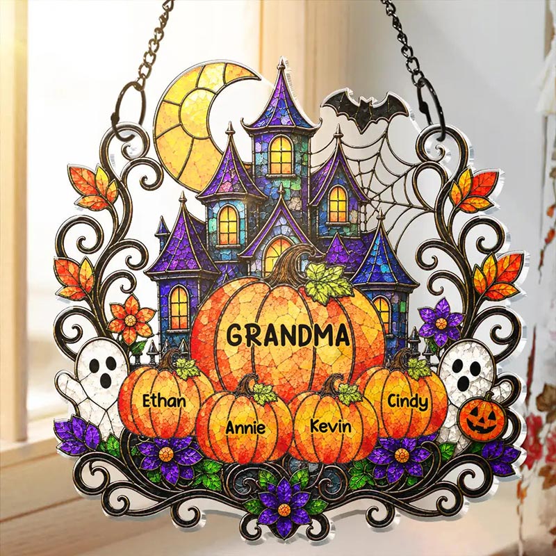 Personalized Halloween Window Hanging Suncatcher Ornament Haunted Family Home Sweet Home Halloween Gift for Grandma