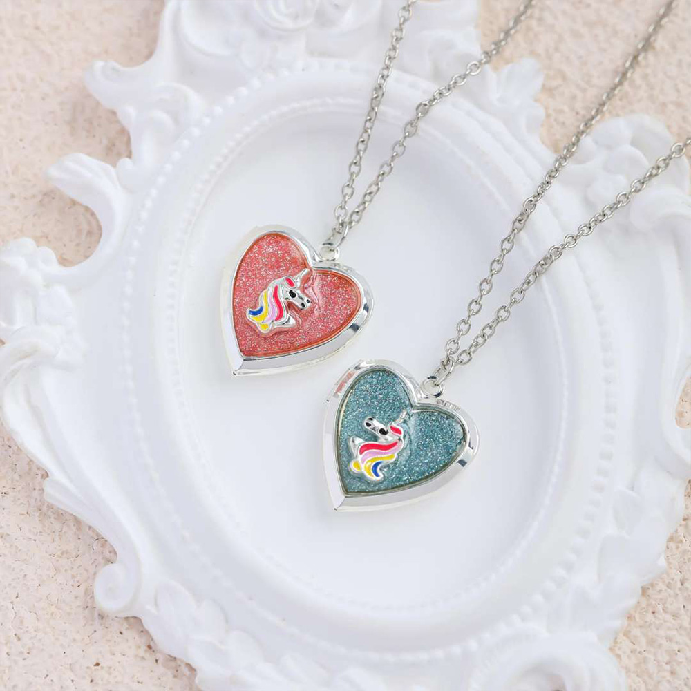 Personalized Rainbow Horse Heart Locket Necklace Cute Magic Themed Jewelry For Girls Keepsake Photo Pendant Gift Fairy Design