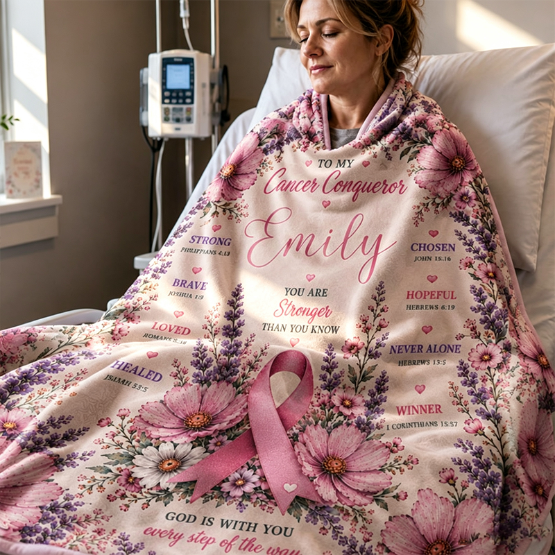 Personalized Cancer Warrior Blanket, Breast Cancer Gift for Women, Chemo Blanket, Christian Cancer Blanket, Pink Ribbon Minky Sherpa Plush