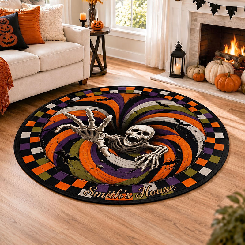 Personalized Family Halloween Pumpkin 3D Illusion Rug 3D Halloween Vortex Rug Spooky Gothic Floor Decor Pumpkin Skeleton Illusion Halloween Gift Home Decor
