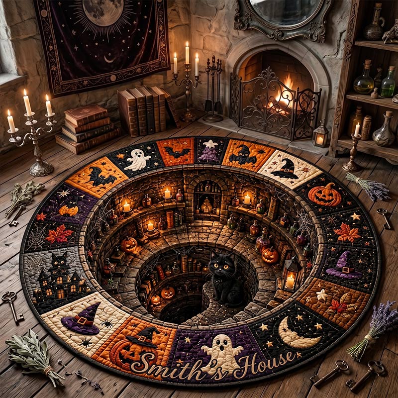 Personalized Family Halloween Round Quilted Rug 3D Witch Dungeon Illusion Rug Black Cat Halloween Rug Spooky Witchy Floor Mat Halloween Home Decor