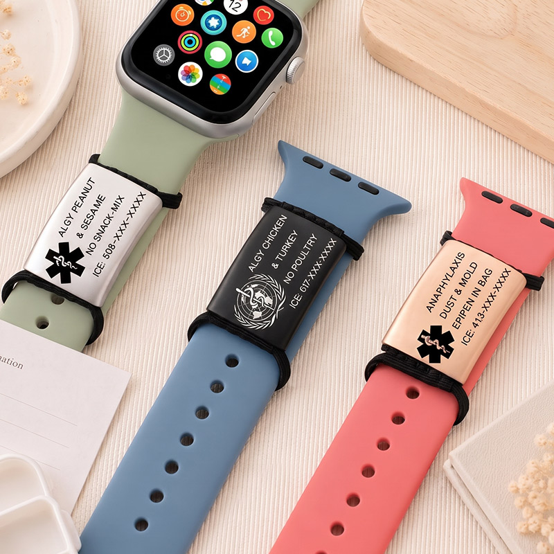Personalized Medical Alert Watch Band Tag Custom Engraved Allergy & Emergency Info ID Steel Charm for Apple Fitbit Garmin Watch Bands