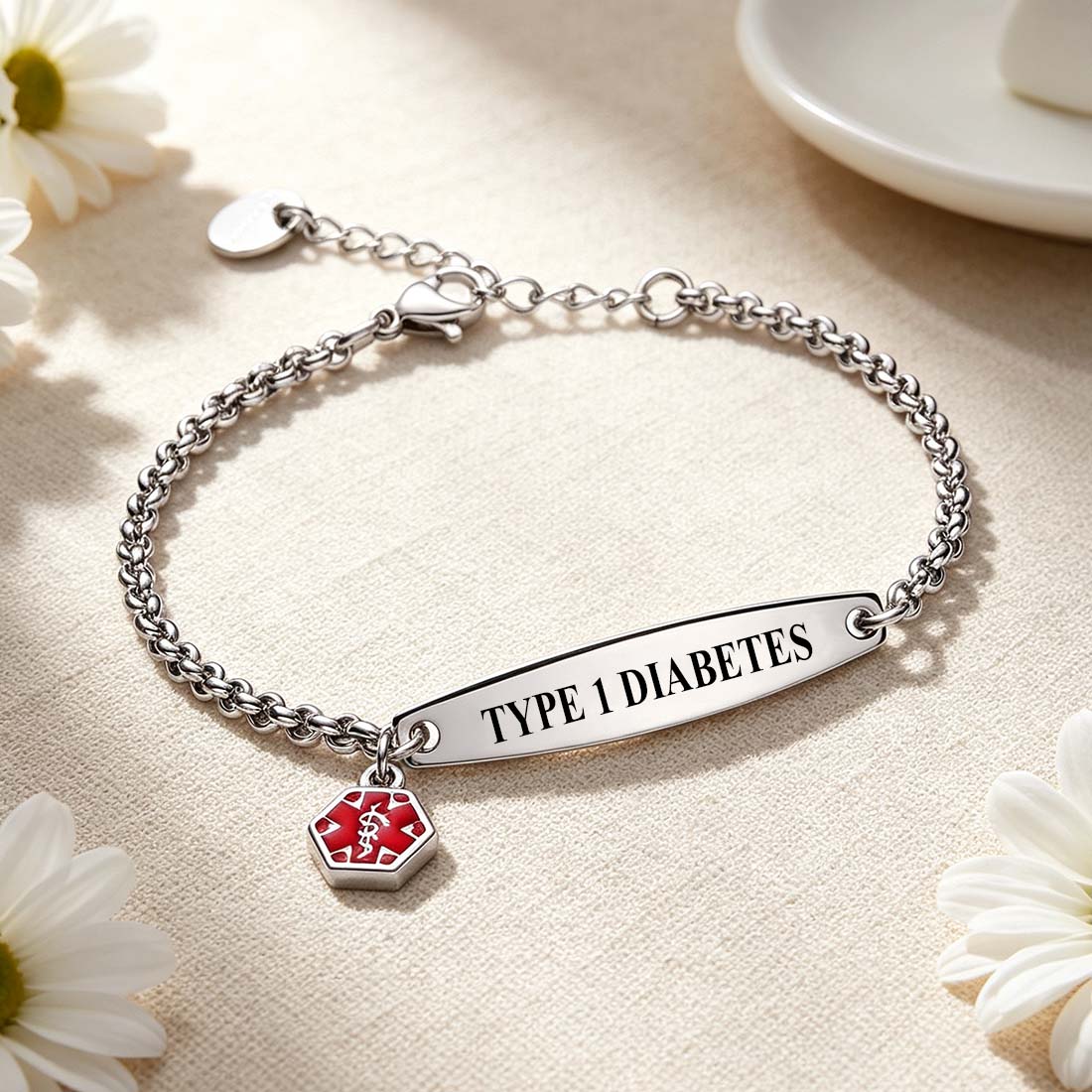 Personalized Star of Life Medical Alert ID Emergency Bracelet with Engraved Text Gift for Breast Cancer Diabetic Women