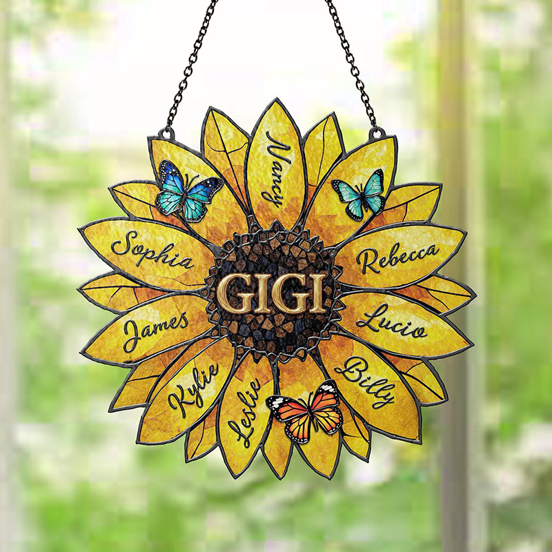 Personalized Sunflower Suncatcher Custom Family Names Stained Acrylic Window Art Gift for Mom Grandma Family
