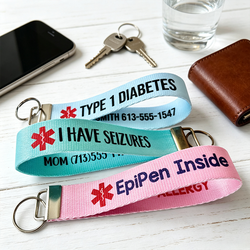 Personalized Type 1 Diabetes Cardiac Patient – On Blood Thinners Medical Alert Keychain Wristlet | Personalized Medical ID Wristlet | Epilepsy Diabetes Allergy Emergency Key Fob