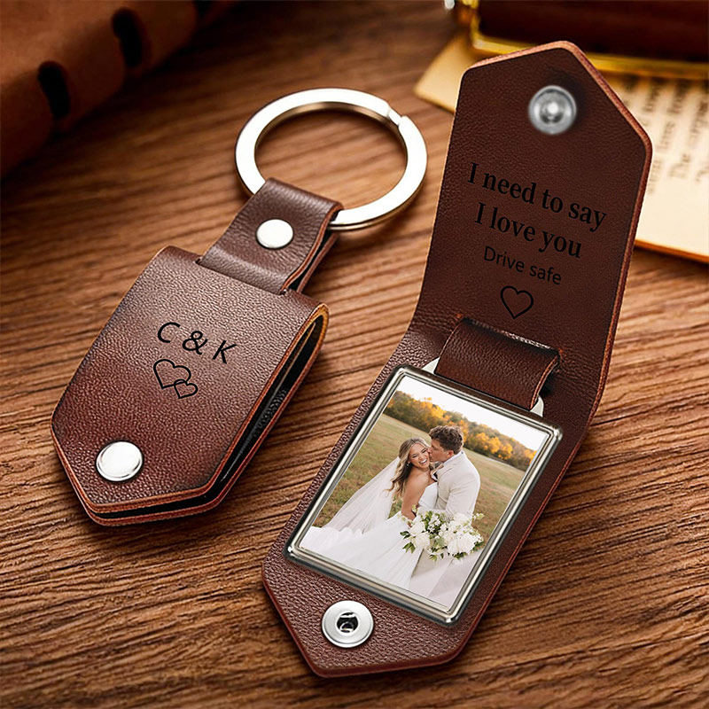 Personalized Engraved Leather Keychain with Photo Custom Daddy Keyring Drive Safe Gift for Dad Fathers Day Gift from Kids Anniversary Gift