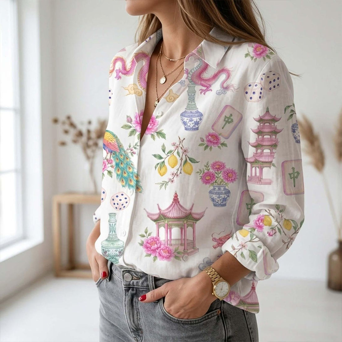 Retro Mahjong Women Blouse Shirt Chinoiserie Pattern Button Down Asian Art Long Sleeve Shirt