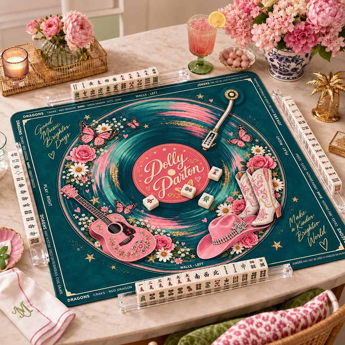 Dolly Parton Mahjong Mat Queen Of Country Mahjong Sparkling Pink Guitar Decor