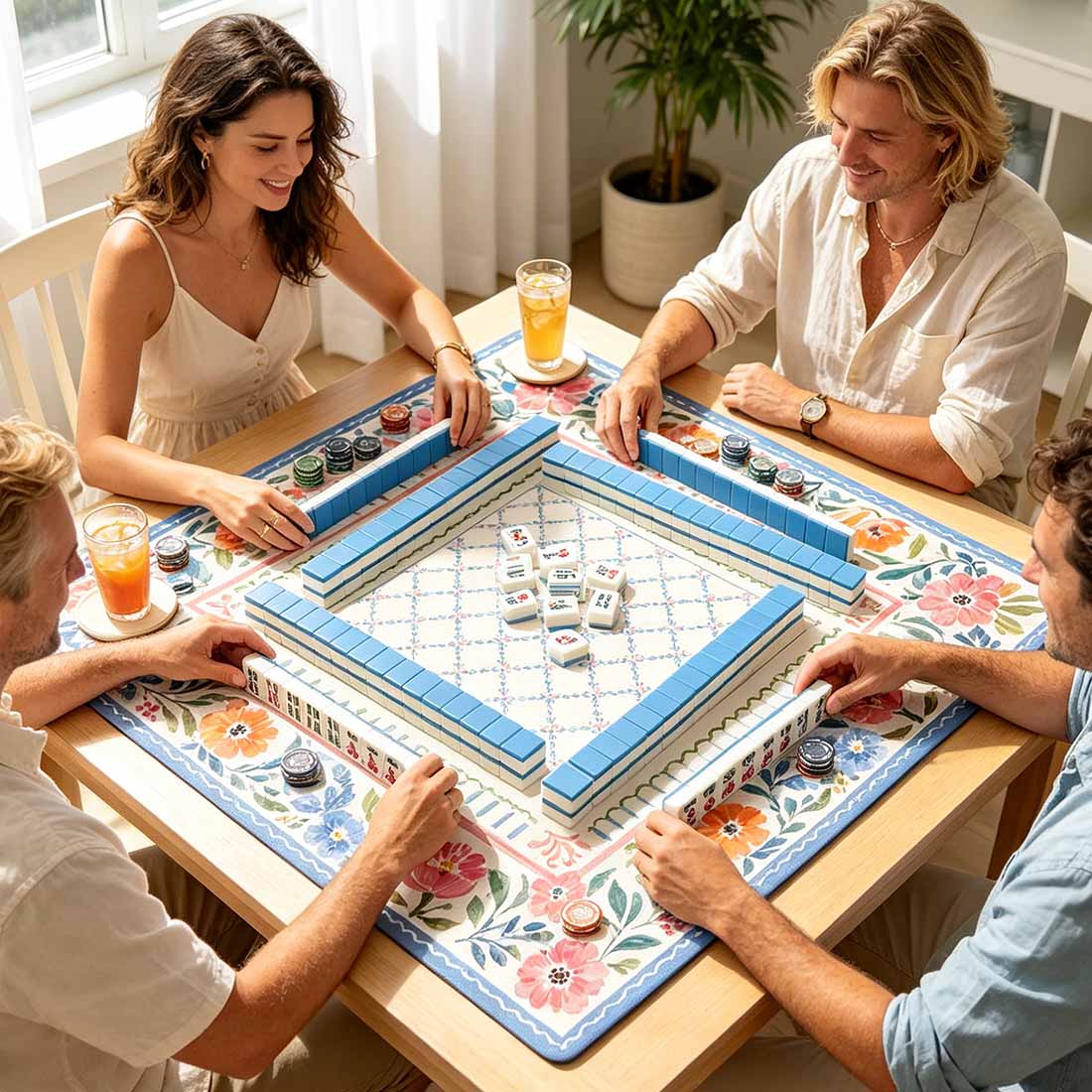 Watercolor Floral Garden Mahjong Mat American Mahjong Mat Blue Pink Botanical Lattice Preppy Grandmillennial