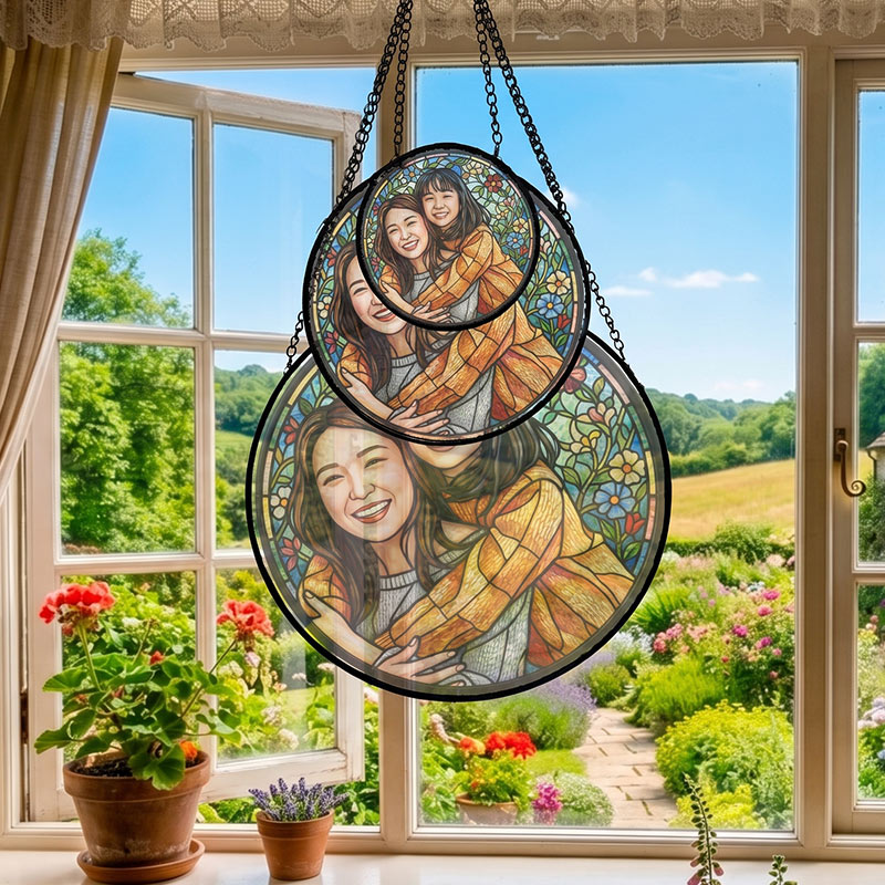 Persnalized Sun Catcher Mom Daughter Gift Custom Floral Stained Glass Portrait Photo Window Art