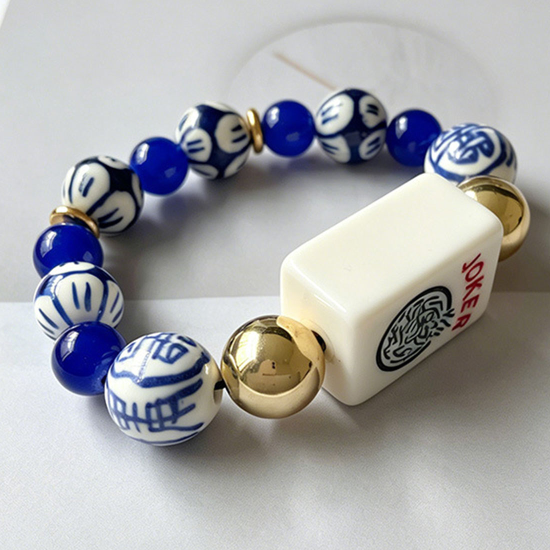 Vintage Mahjong Tile Beaded Bracelet American Mahjong Accessory with A Joker Tile