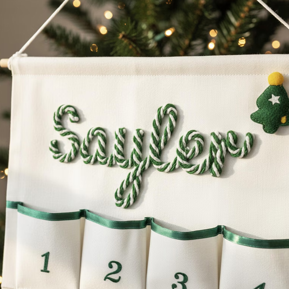 Personalized Handmade Name Yarn Name Christmas Hanging Advent Calendar Family Tradition Reusable Christmas Advent Calendar with 24 Large Pockets